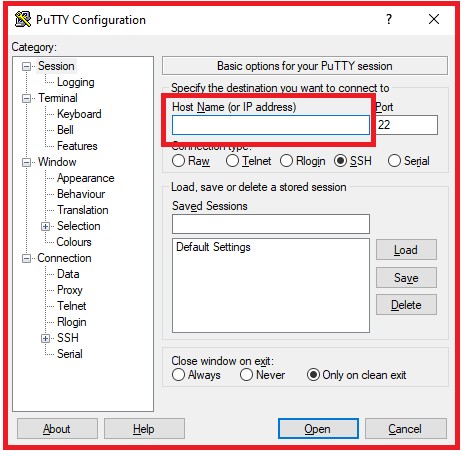 Picture showing the Putty screen to enter the host name